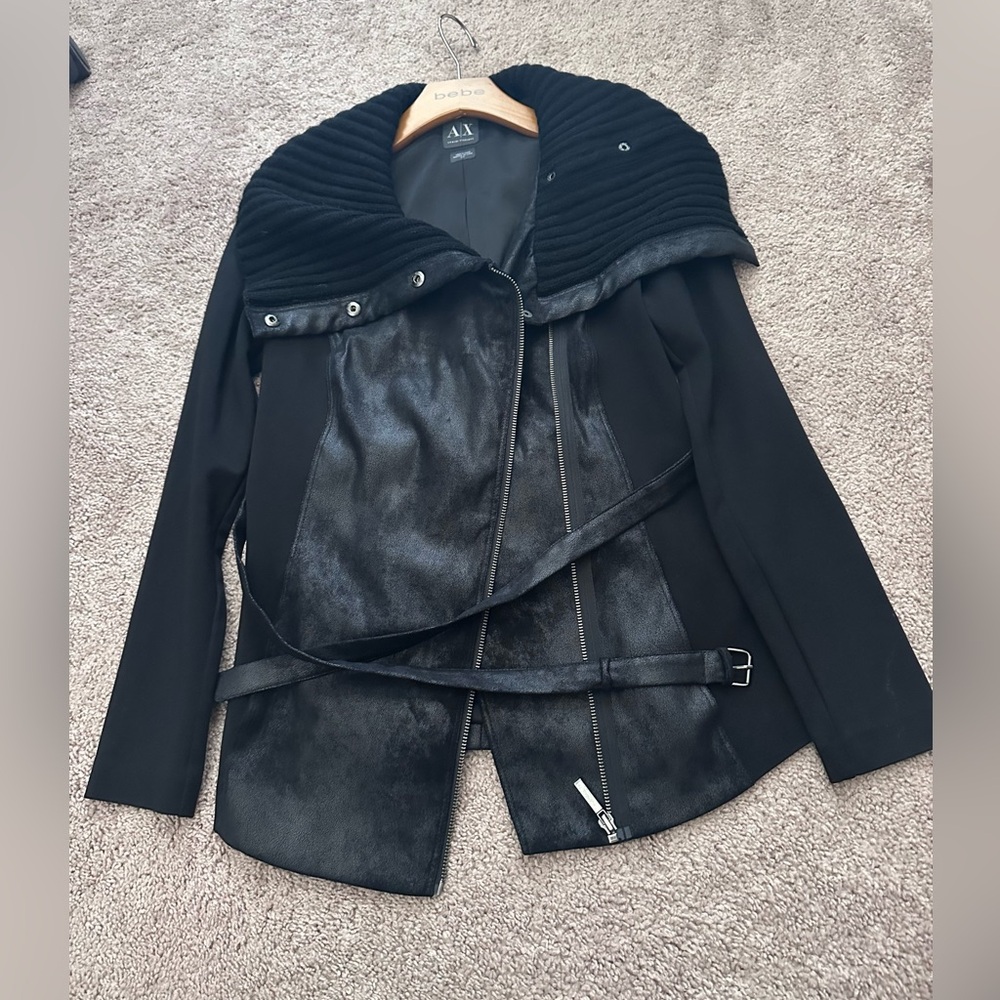 A/X Armani Exchange Black Mixed-Media Belted Moto Jacket